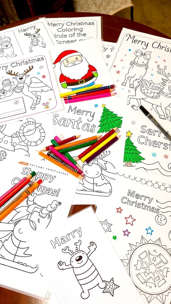 A variety of Christmas coloring pages with festive designs, crayons, and colored pencils on a table.
